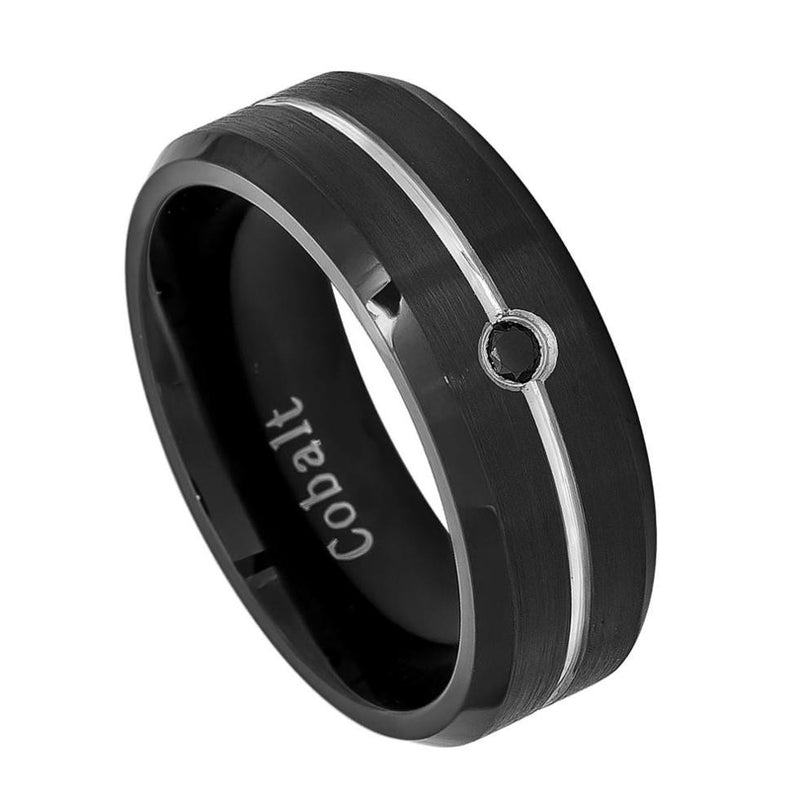 8mm Black Plated Cobalt Ring with Black Diamond on Grooved Center